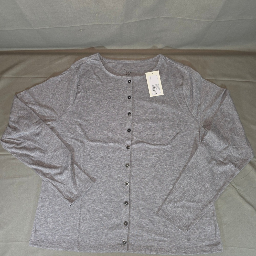 A New Day Womens Gray Button-Front Long Sleeve Cardigan 1X 4412XX